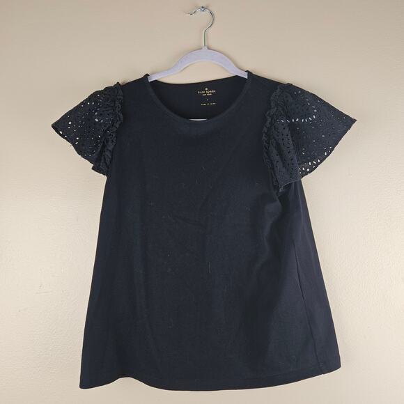 Kate Spade Black Eyelet Flutter Sleeve Tee Top Size Large - Picture 1 of 6